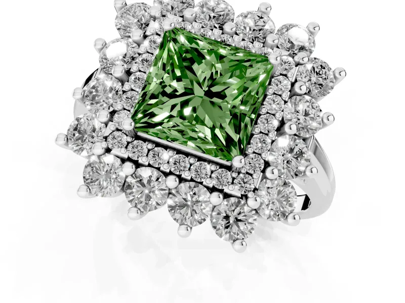 Princess Cut Floral Halo Engagement Ring Setting for a Fancy Green Lab-Grown Diamond | Plain Band | Sterling Silver