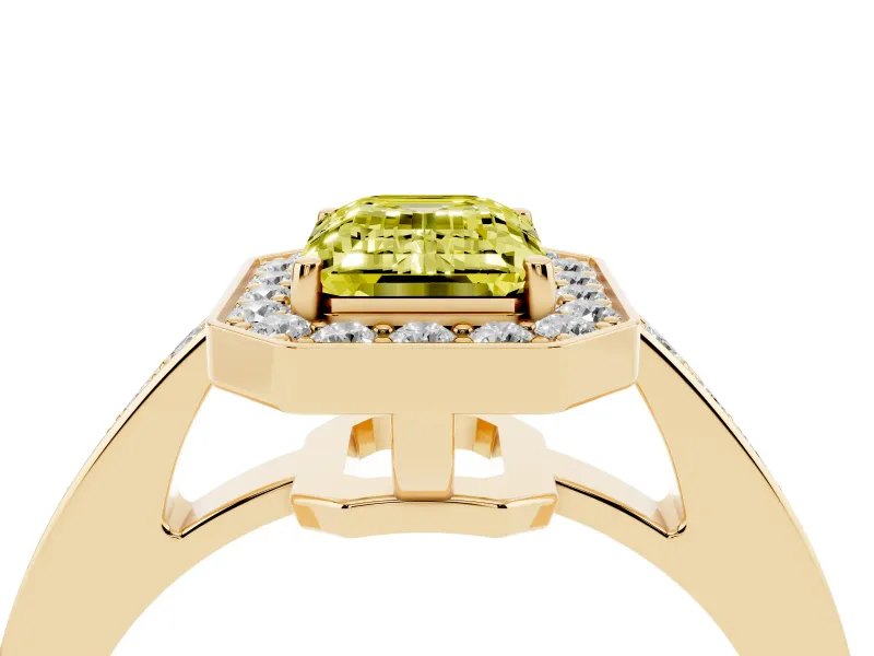 Emerald Cut Framed Halo Engagement Ring Setting for a Fancy Yellow Lab-Grown Diamond | Yellow Gold