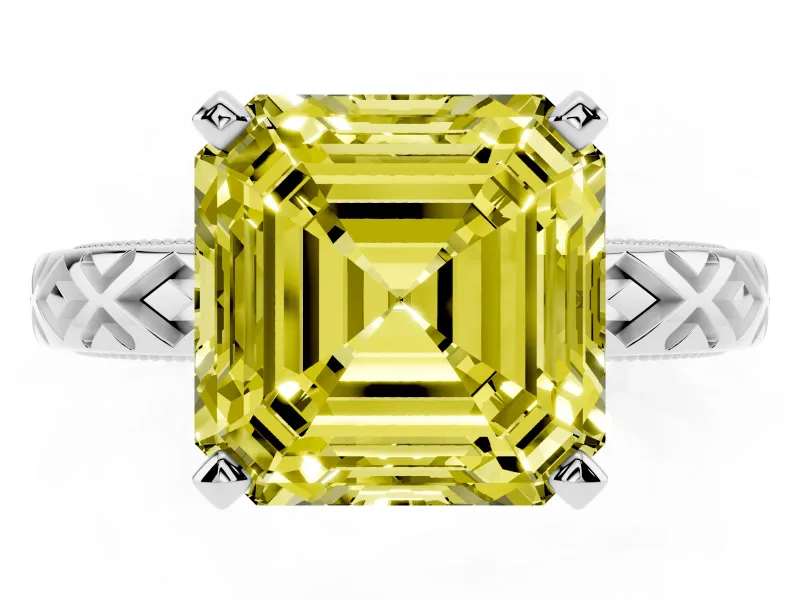 Asscher Cut Vintage Milgrain Engagement Ring Setting for a Fancy Yellow Lab-Grown Diamond | X Pattern Band | White Gold