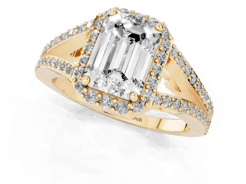 Emerald Cut Halo Engagement Ring Setting | V-Split Pavé Band | Yellow Gold