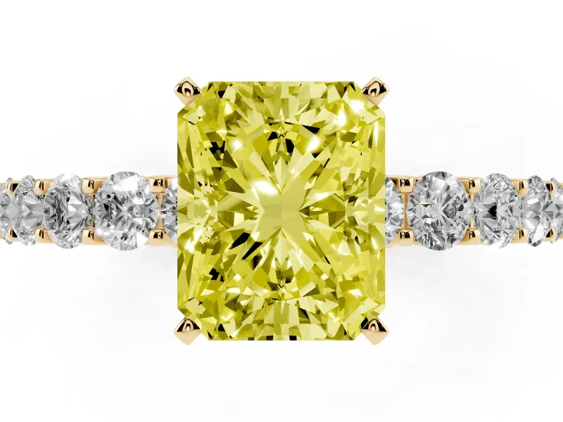 Radiant Cut Shared Prong Engagement Ring Setting for a Fancy Yellow Lab-Grown Diamond | Yellow Gold