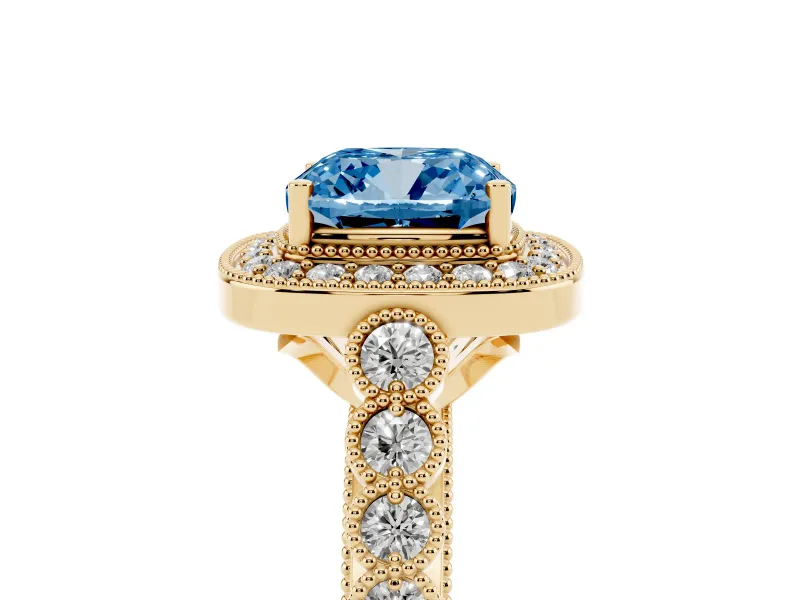 Cushion Cut Graduated Milgrain Halo Engagement Ring Setting for a Fancy Blue Lab-Grown Diamond | Yellow Gold