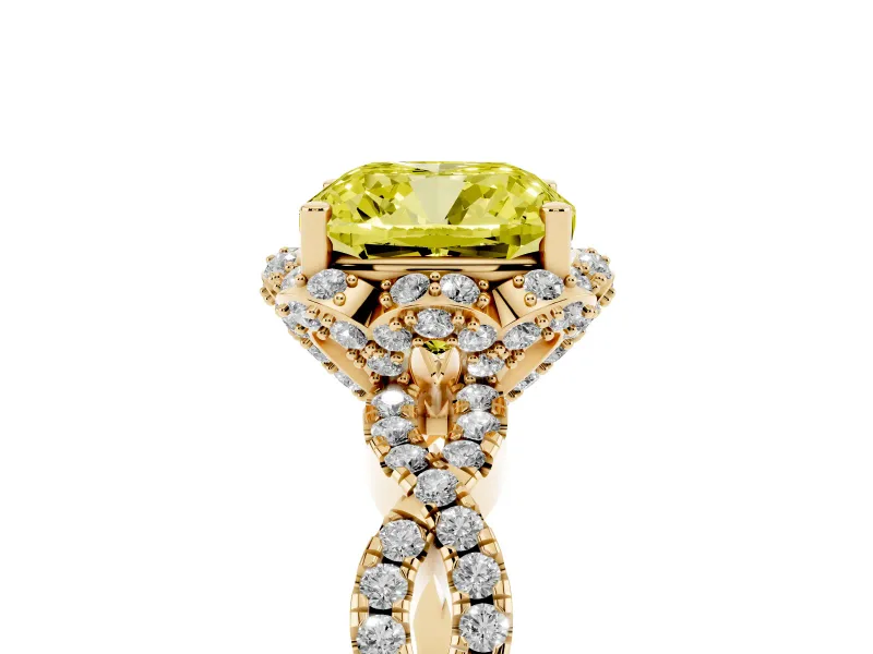 Fancy Yellow Cushion Cut Diamond Halo Twist Band Solitaire Ring Set in Yellow gold with Prong-Set Center Stone