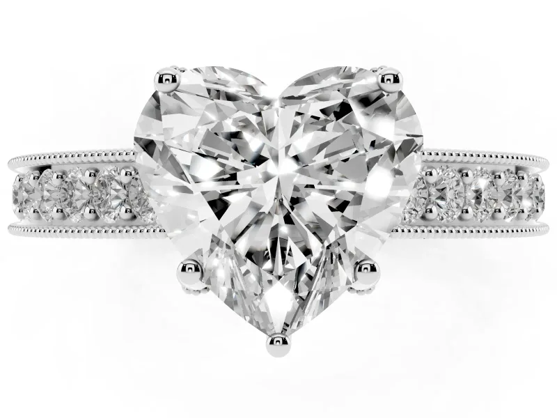 Heart-Shaped Vintage Hidden Halo Engagement Ring Setting | Milgrain Pave Band | Platinum