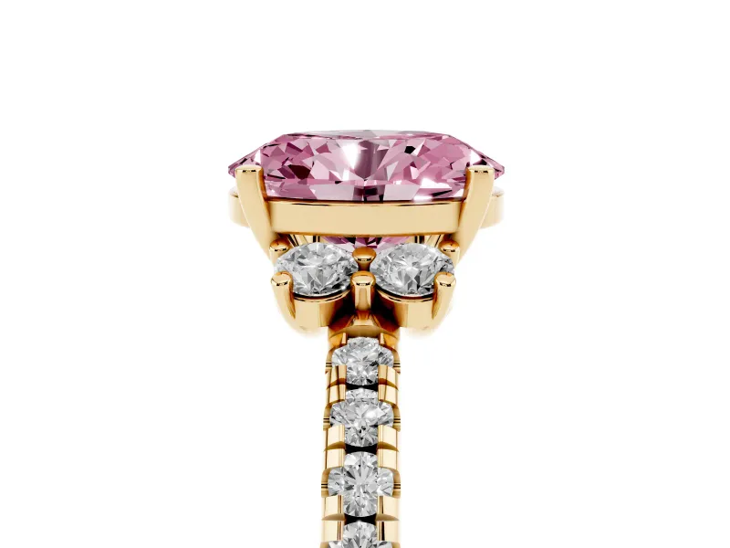 Oval Side Stone Engagement Ring Setting for a Fancy Pink Lab-Grown Diamond | Pave Band | Yellow Gold