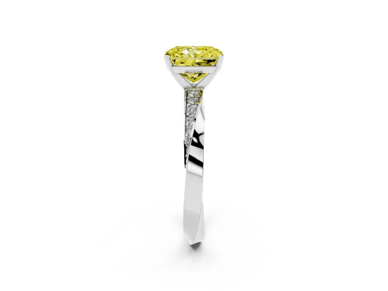 Fancy Yellow Radiant Cut Diamond Engagement Ring Set in Silver with Side Stone Accents and Prong Setting
