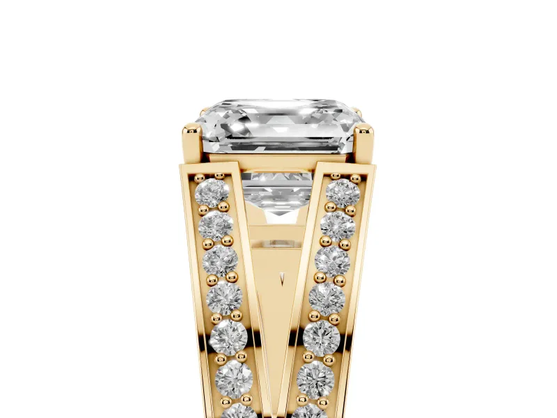 Asscher Cut Diamond Split Shank Ring Set in Yellow gold with Pavé Band and Prong Setting