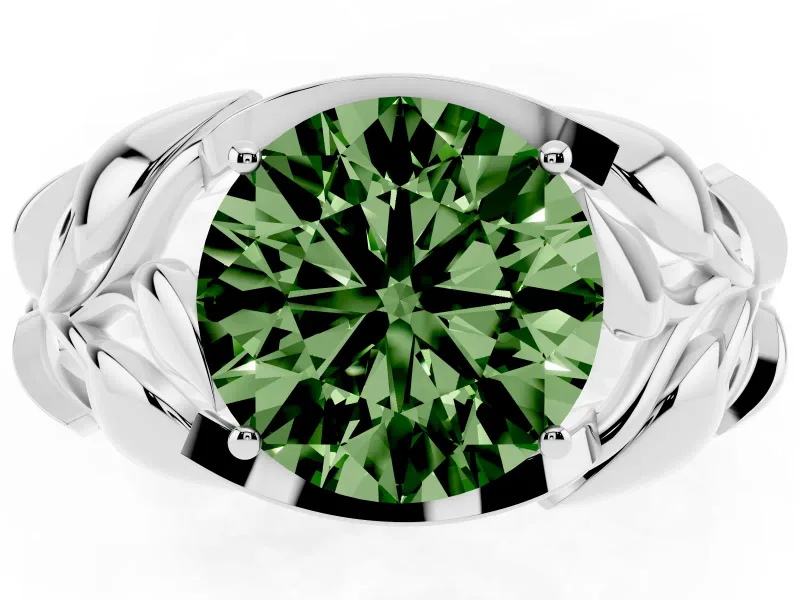 Fancy Green Round Cut Diamond Leaf-Inspired Engagement Ring Set in Silver with Round Accents