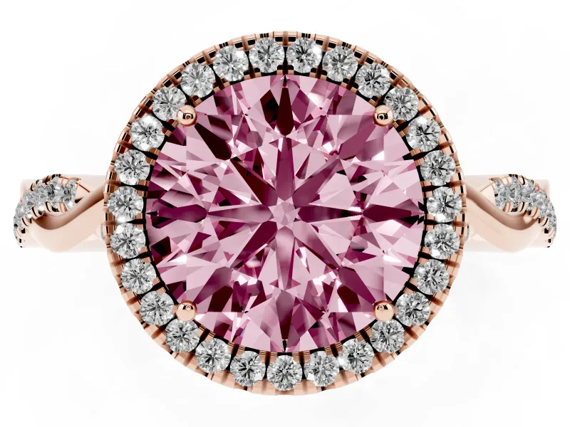 Round Halo Engagement Ring Setting for a Fancy Pink Lab-Grown Diamond | Pavé Twist Band | Rose Gold