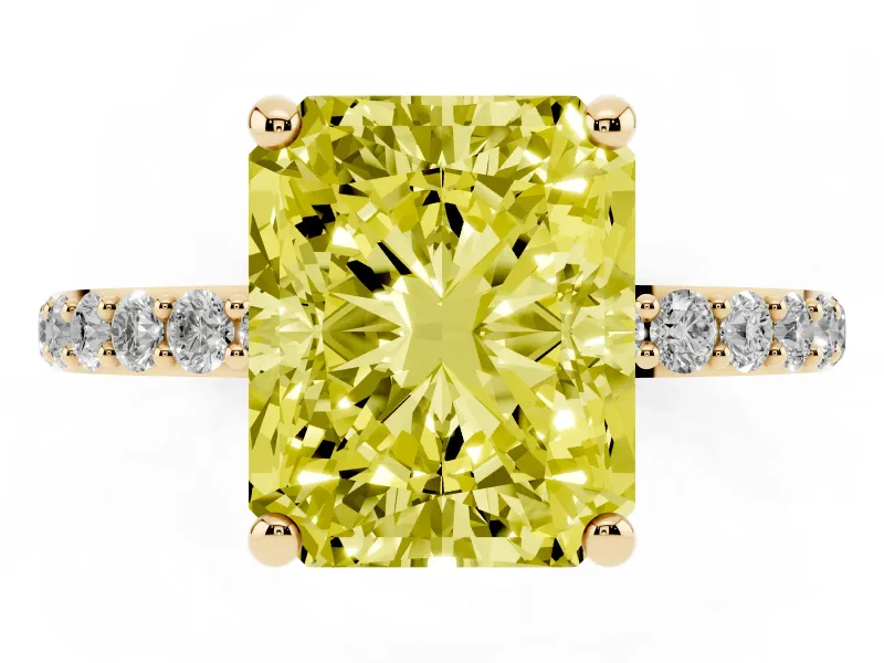 Radiant Cut Pave Solitaire Engagement Ring Setting for a Fancy Yellow Lab-Grown Diamond | Pave Shoulders | Yellow Gold