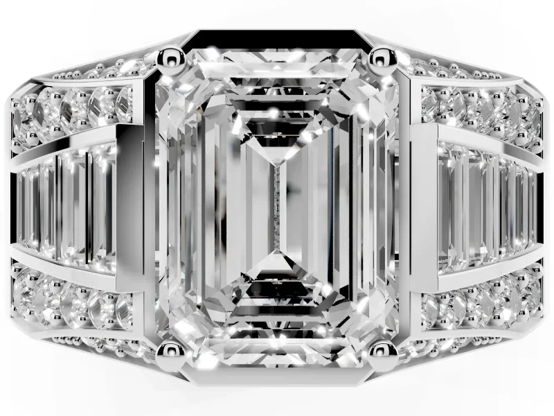 Emerald Cut Men's Graduated Baguette Engagement Ring Setting | Raised Frame Head | Sterling Silver