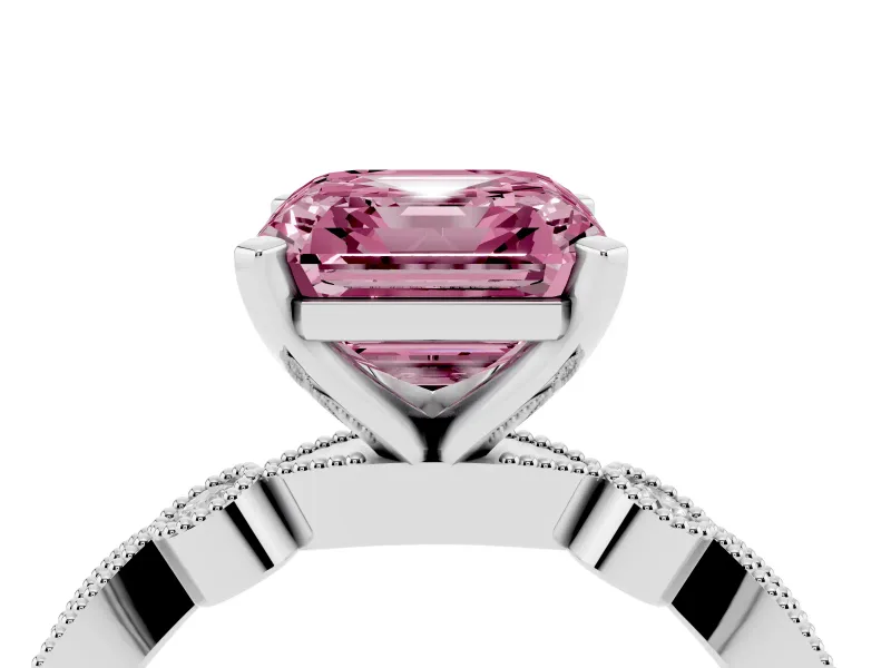 Fancy Pink Asscher Cut Diamond Solitaire Engagement Ring Set in Silver with Milgrain Bezel Accent Band
