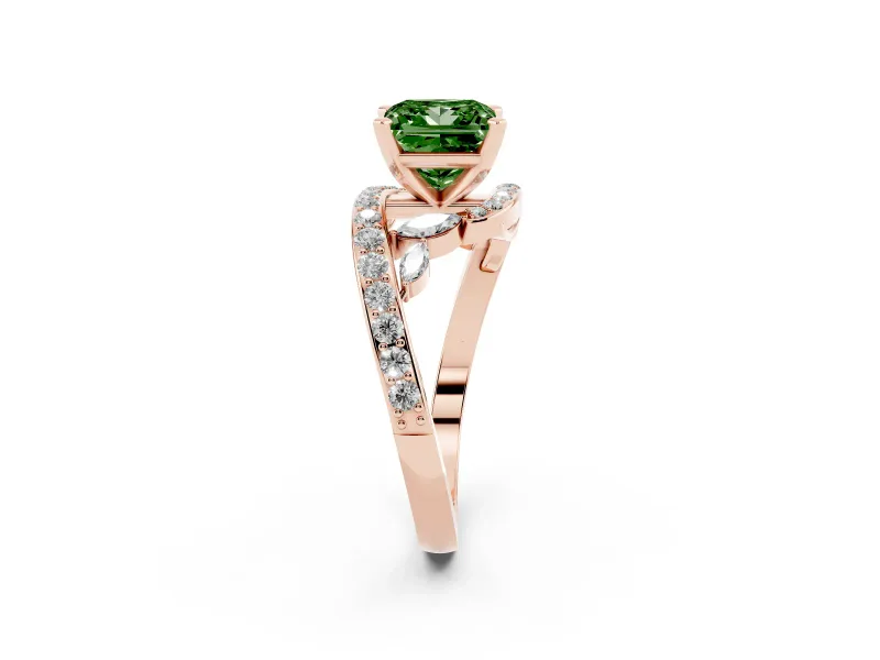 Fancy Green Princess Cut Diamond Solitaire Ring Set in Rose gold with Pavé Twist Band and Secure Prong Setting