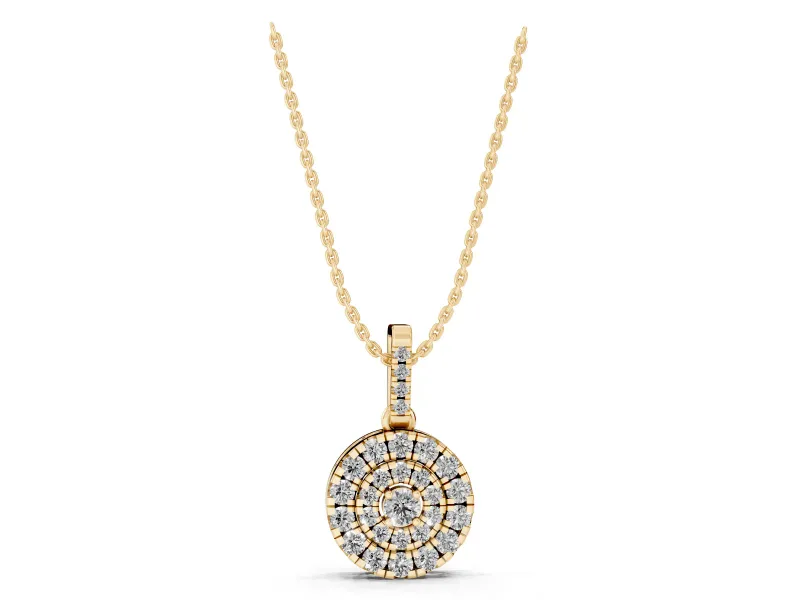 Round Lab-Grown Diamond Double Halo Disc Pendant Necklace | Pavé Bail | Yellow Gold