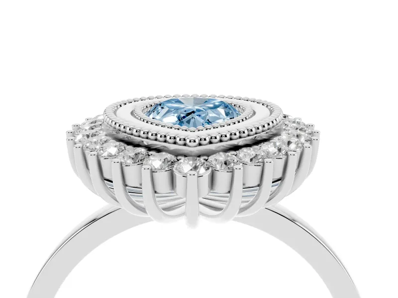 Fancy Blue Pear Cut Diamond Halo Ring Set in Platinum with Milgrain Edge and Round Prong Setting