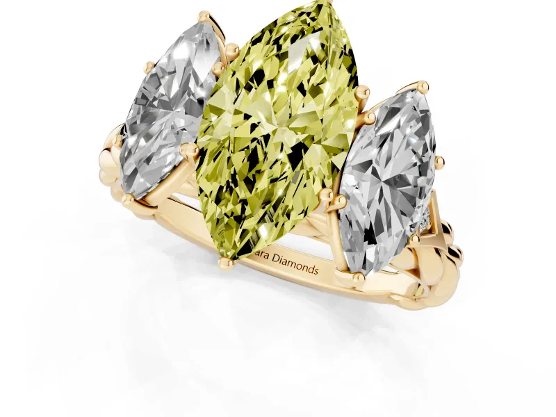 Fancy Yellow Marquise Cut Diamond Three-Stone Ring Set in Yellow gold with Braided Band