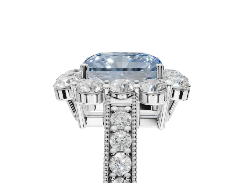 Radiant Cut Vintage Halo Engagement Ring Setting for a Fancy Blue Lab-Grown Diamond | Milgrain Channel Band | White Gold