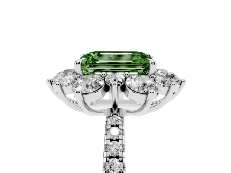 Fancy Green Emerald Cut Diamond Floral Halo Ring Set in Platinum with Round Pavé Band and Prong Setting