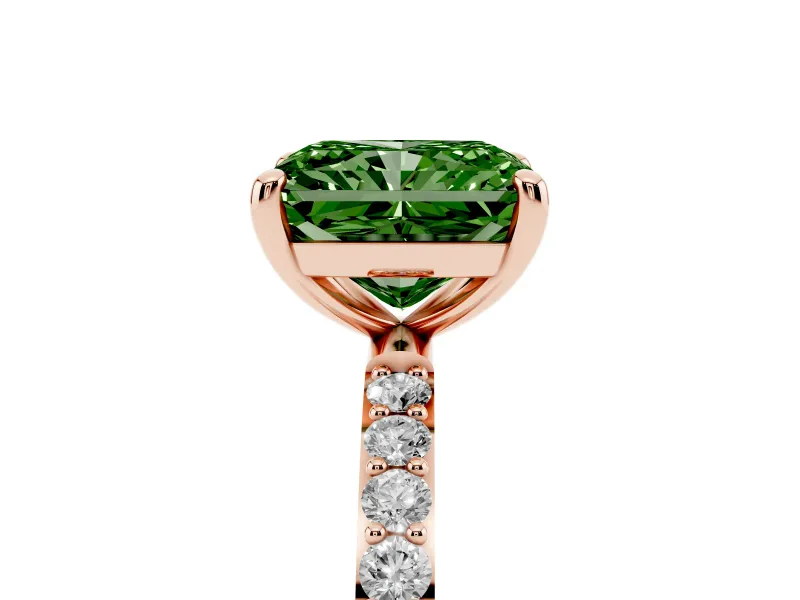 Fancy Green Radiant Cut Diamond Solitaire Ring Set in Rose gold with Round Pavé Band and Prong Setting