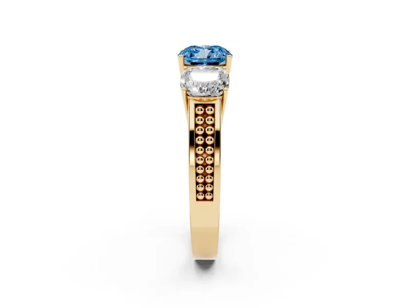 Cushion Cut Three Stone Engagement Ring Setting for a Fancy Blue Lab-Grown Diamond | Beaded Shoulders | Yellow Gold
