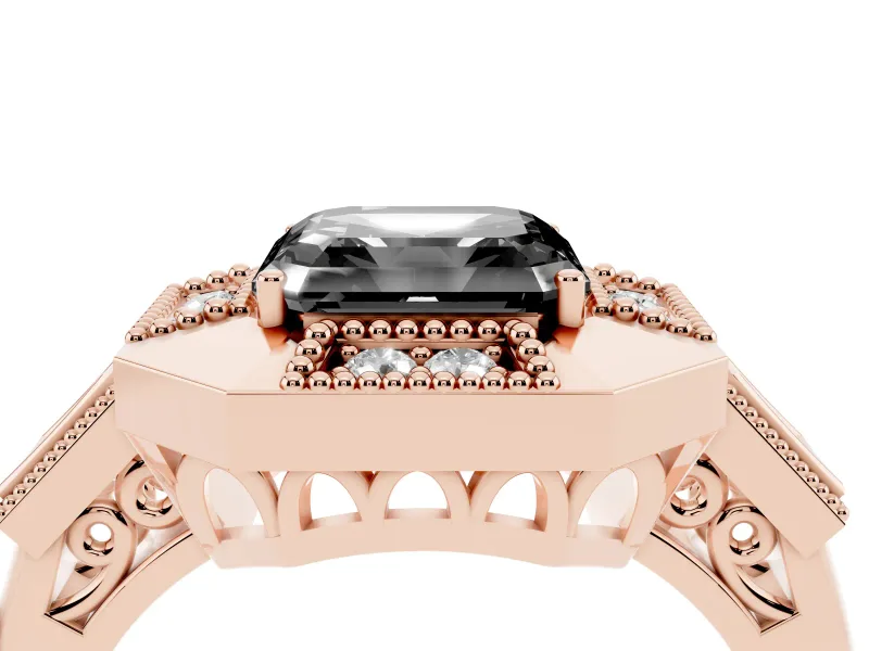 Fancy Black Asscher Cut Diamond Milgrain Halo Ring Set in Rose gold with Split Shank