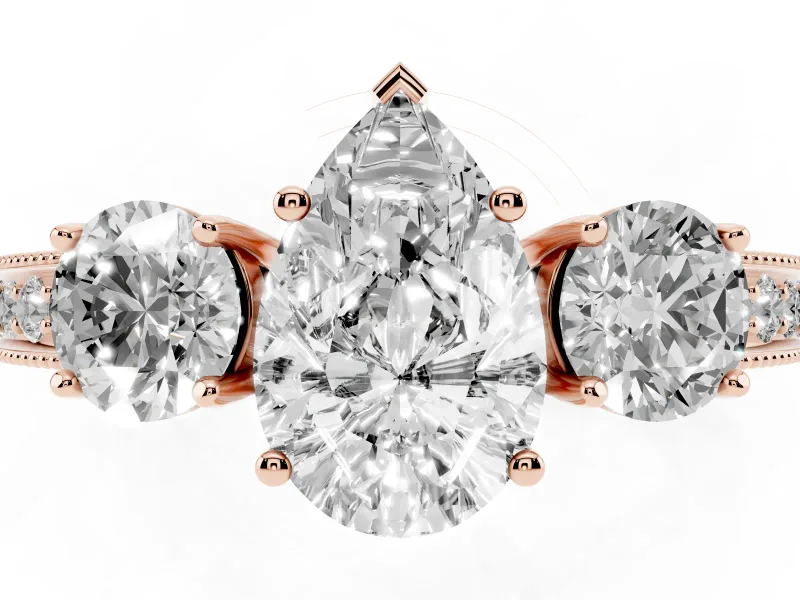 Pear-Shaped Vintage Three Stone Engagement Ring Setting | Graduated Milgrain Pave | Rose Gold