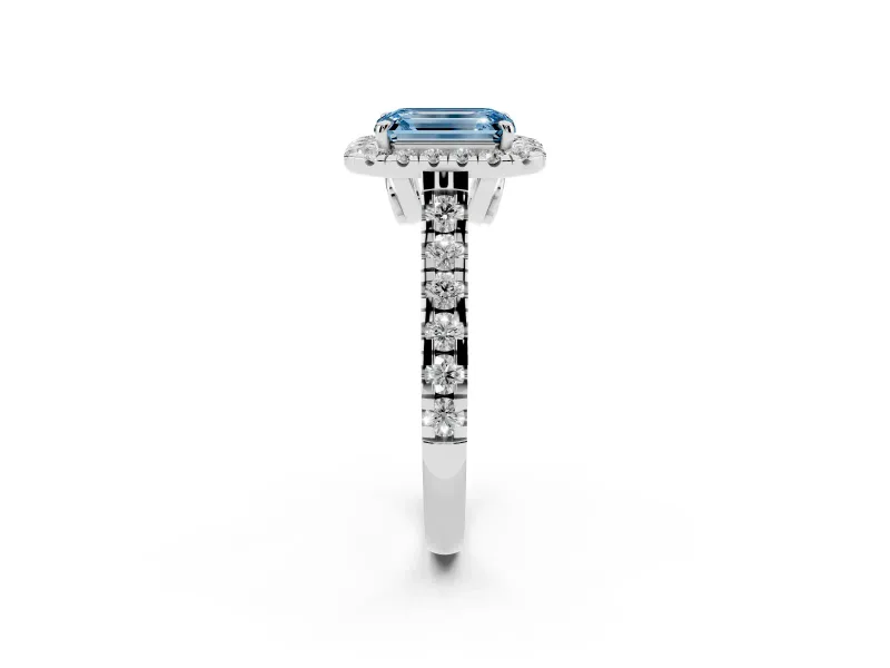 Emerald Cut Accented Halo Engagement Ring Setting for a Fancy Blue Lab-Grown Diamond | White Gold
