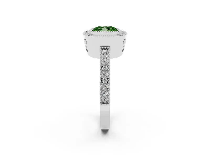 Fancy Green Cushion Cut Diamond Halo Ring Set in White gold with Pavé Band and Milgrain-Edged Prongs