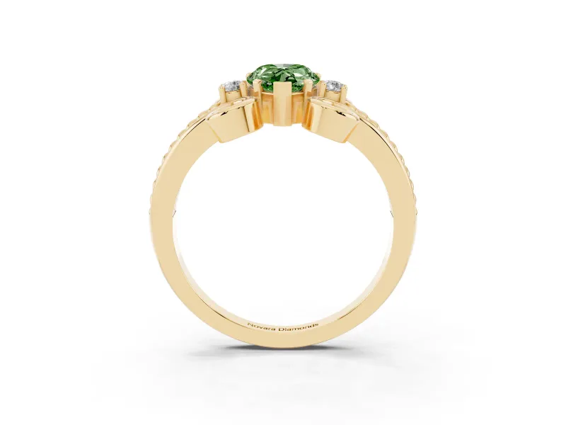Fancy Green Pear Cut Diamond Twisted Band Solitaire Ring Set in Yellow gold with Scroll Prongs