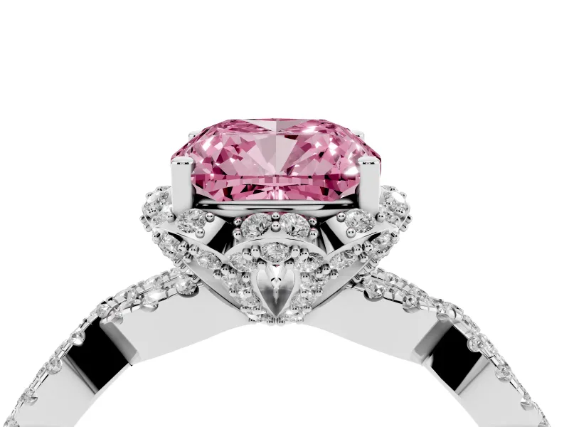 Fancy Pink Cushion Cut Diamond Halo Twist Band Solitaire Ring Set in White gold with Prong-Set Center Stone