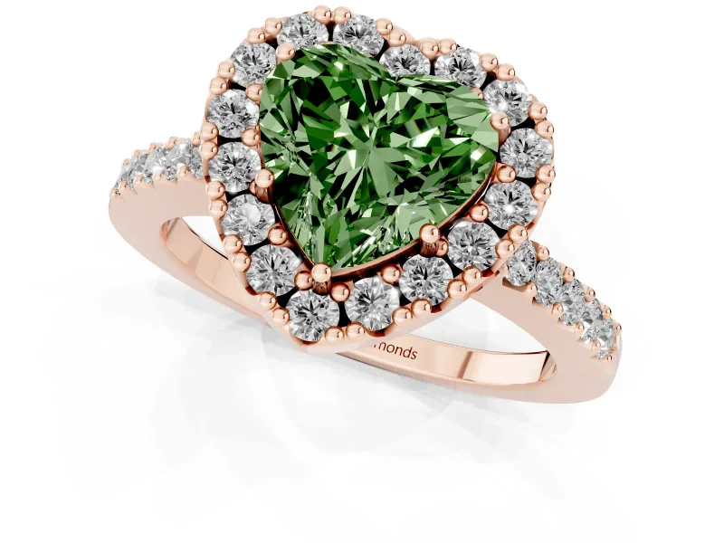 Fancy Green Heart Cut Diamond Halo Pavé Solitaire Ring Set in Rose gold with Prong-Set Center Stone