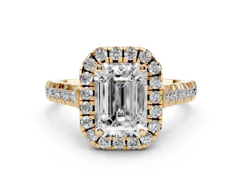 Emerald Cut Diamond Halo Engagement Ring Set in Yellow gold with Pavé Band and Prong-Set Center