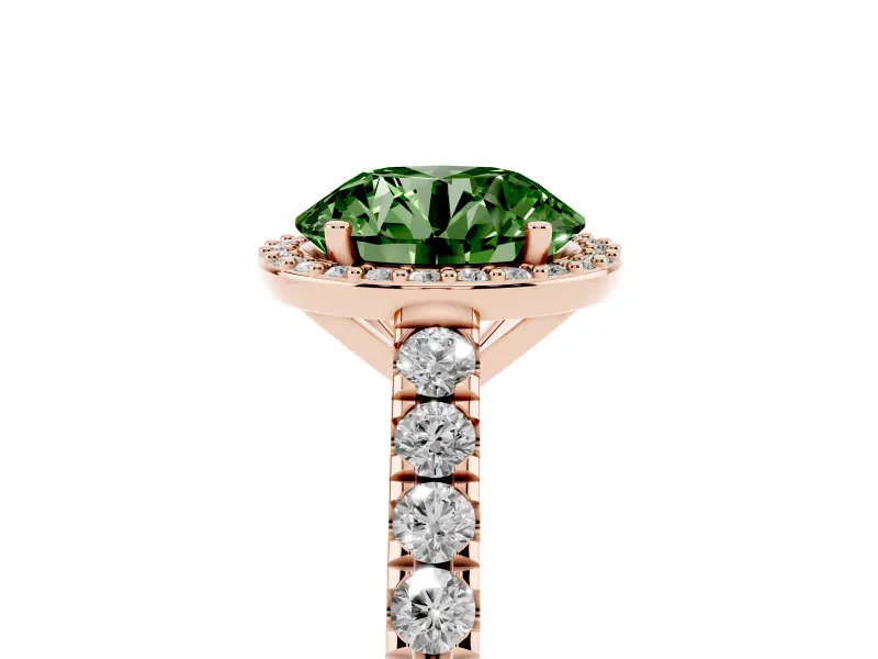 Fancy Green Round Cut Diamond Halo Engagement Ring Set in Rose gold with Pavé Band and Prong Setting