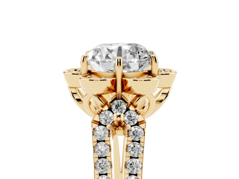 Round Petal Frame Floral Halo Engagement Ring Setting | Pavé Split Shank | Yellow Gold
