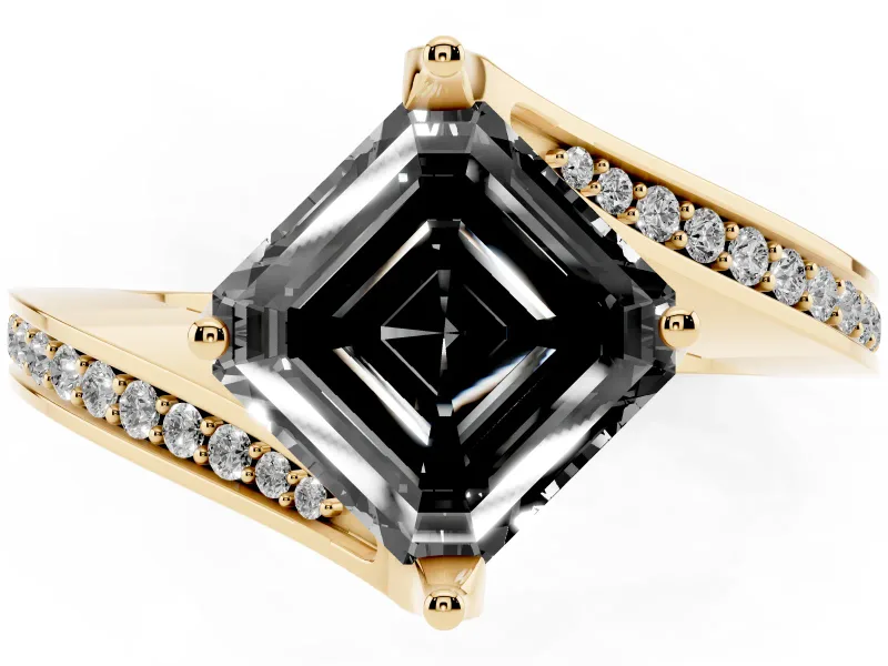 Fancy Black Asscher Cut Diamond Solitaire Ring Set in Yellow gold with Intertwined Pavé Twist Band