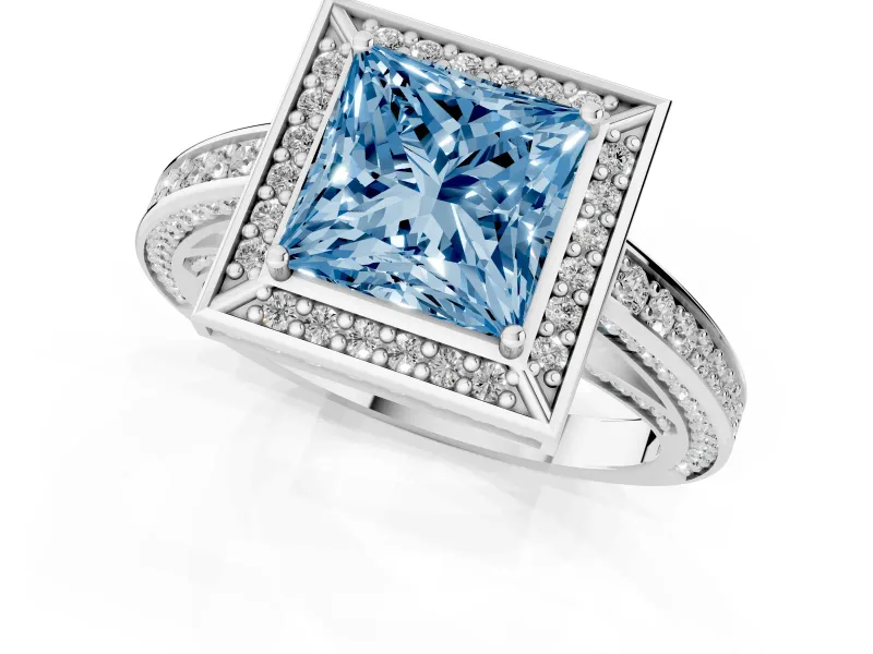 Fancy Blue Princess Cut Diamond Halo Pavé Split Shank Ring Set in Silver with Prong Setting
