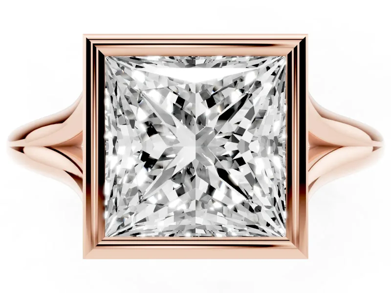 Princess Cut Bezel Solitaire Engagement Ring Setting | V Split Shank | Rose Gold