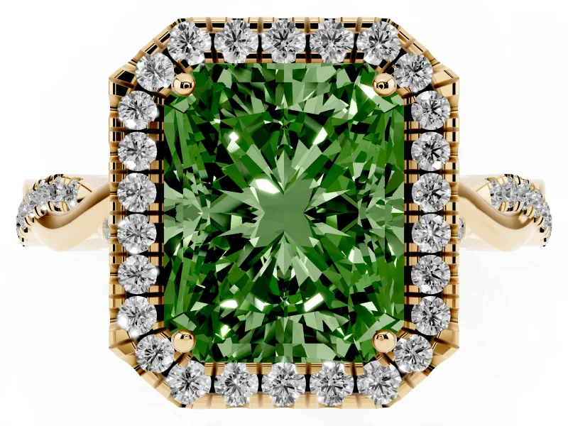 Radiant Cut Twist Halo Engagement Ring Setting for a Fancy Green Lab-Grown Diamond | Yellow Gold