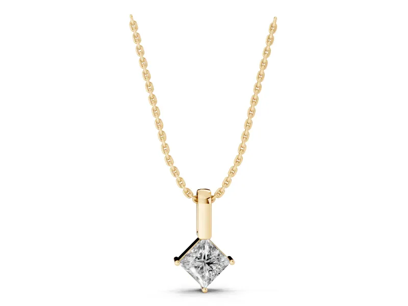 Princess Cut Lab-Grown Diamond Solitaire Pendant Necklace | Tall Bar Bail | Yellow Gold