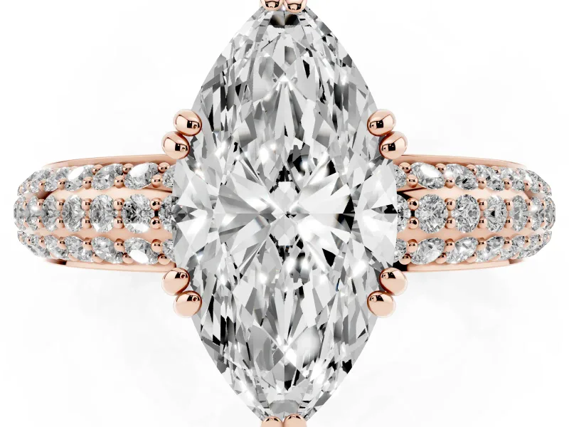 Marquise Three Row Pave Solitaire Engagement Ring Setting | Double Claw Prongs | Rose Gold
