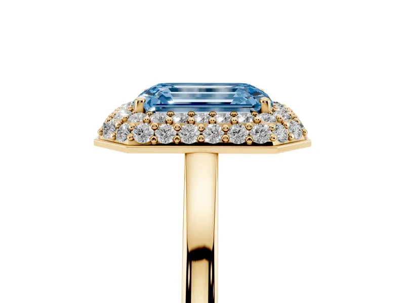 Emerald Cut Pave Halo Engagement Ring Setting for a Fancy Blue Lab-Grown Diamond | Slim Plain Band | Yellow Gold