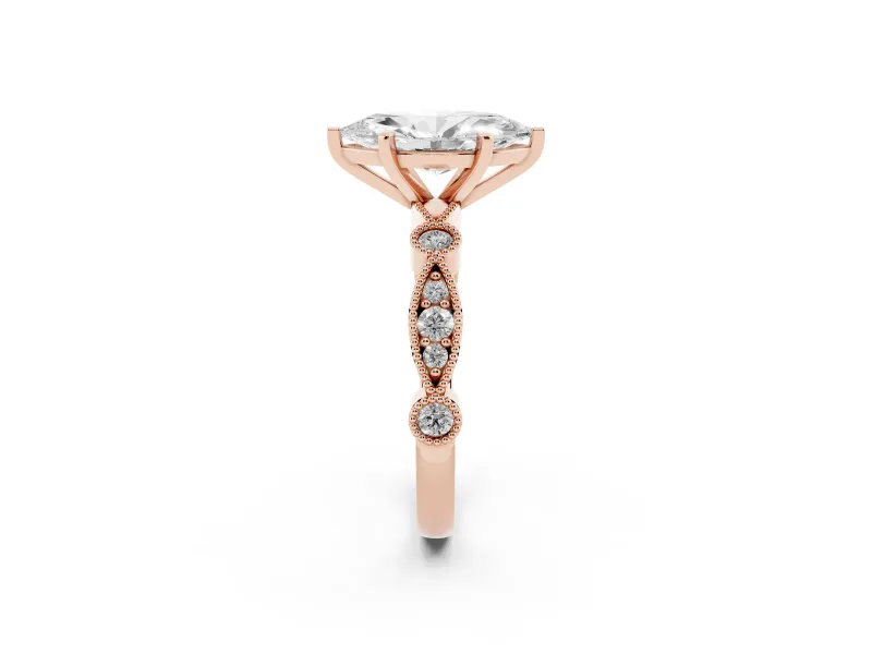 Marquise Vintage Milgrain Solitaire Engagement Ring Setting | Bezel Accents | Rose Gold