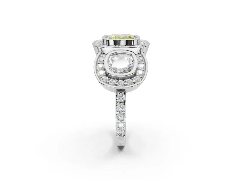 Cushion Cut Three Stone Halo Engagement Ring Setting for a Fancy Yellow Lab-Grown Diamond | Bezel Set | Sterling Silver