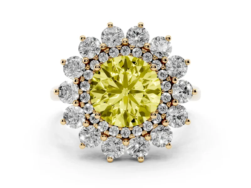 Fancy Yellow Round Cut Diamond Floral Double Halo Ring Set in Yellow gold with Round Petals