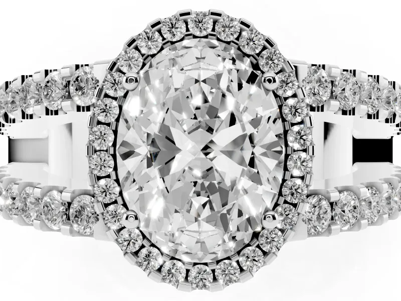 Oval Cut Diamond Halo Ring Set in Silver with Pavé Split Shank and Prong Setting