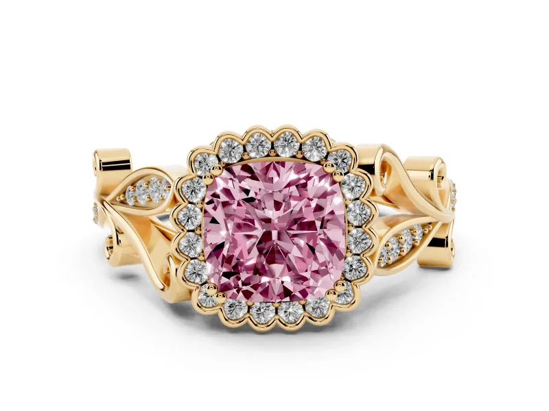 Fancy Pink Cushion Cut Diamond Halo Ring Set in Yellow gold with Leaf Motif Split Shank and Prong Setting