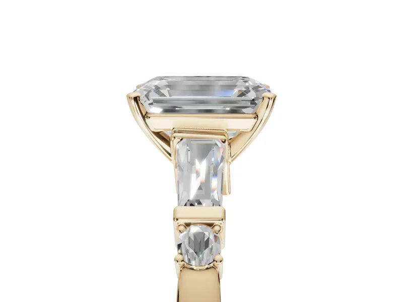 Emerald Cut Tapered Baguette Engagement Ring Setting | Bar Set Sides | Yellow Gold