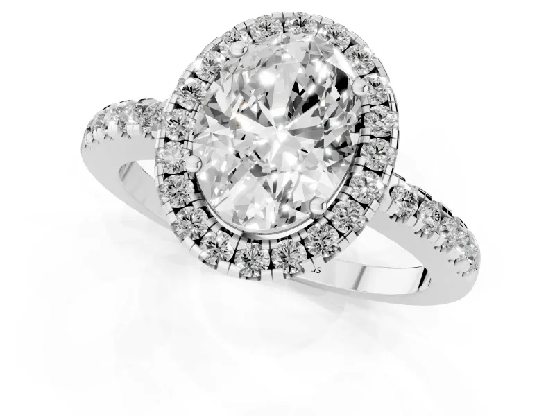 Oval Cut Diamond Pavé Band Halo Engagement Ring Set in Platinum with Prong Setting