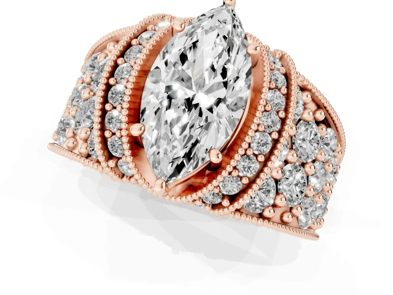 Marquise Vintage Milgrain Pave Engagement Ring Setting | Crescent Side Rows | Rose Gold