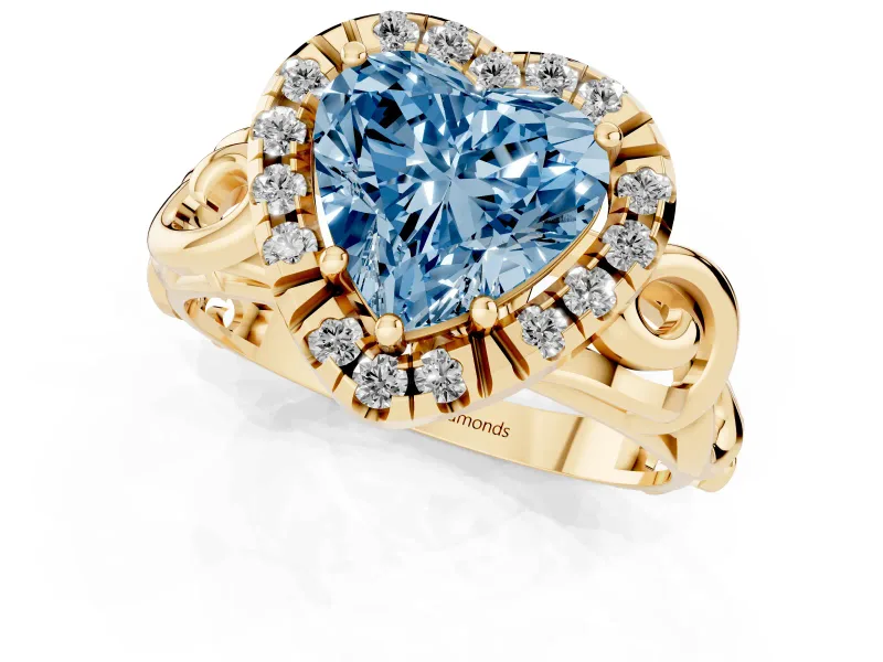 Heart-Shaped Filigree Halo Engagement Ring Setting for a Fancy Blue Lab-Grown Diamond | Yellow Gold